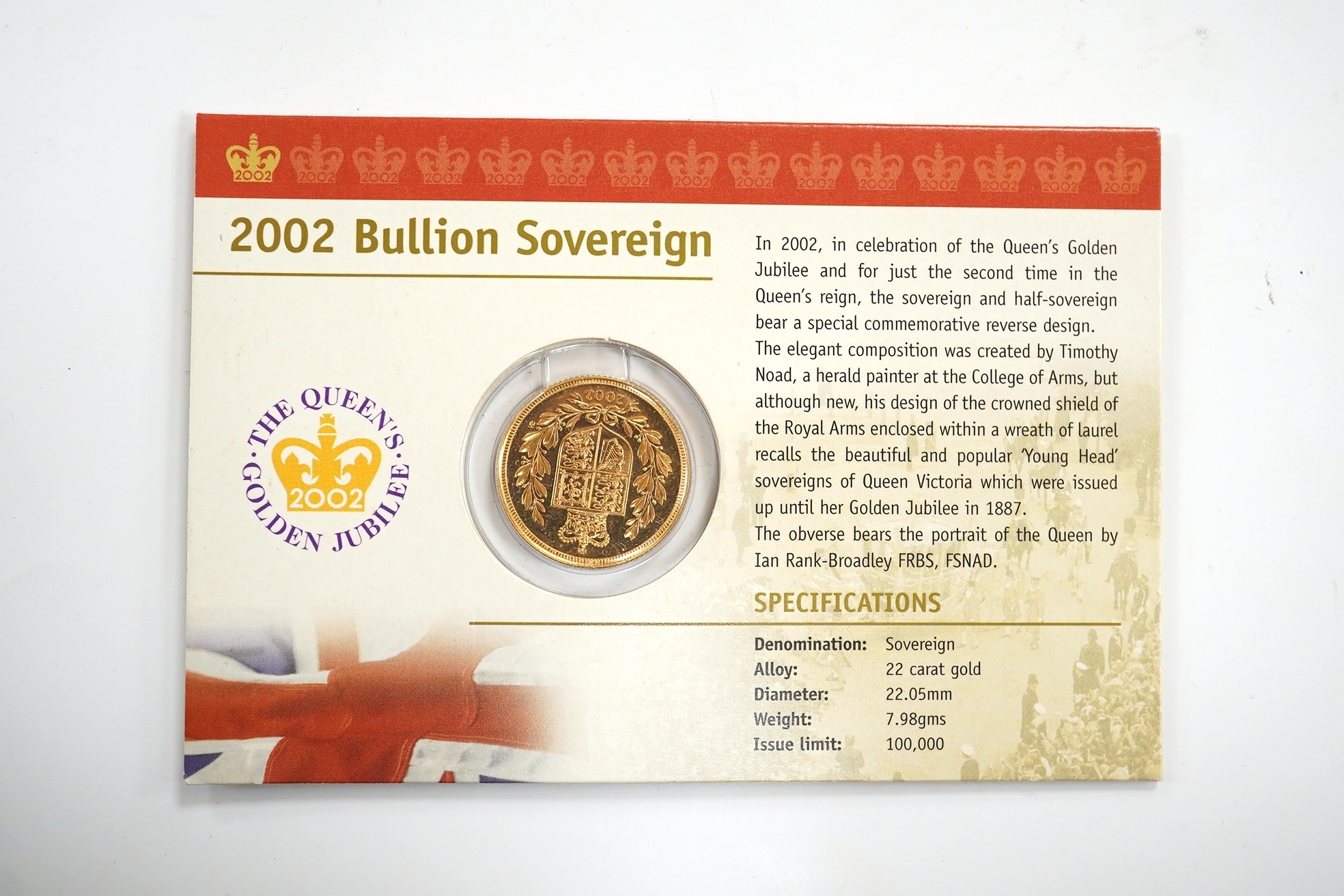 British gold coins, QEII Royal Mint UK 2002 bullion sovereign, BUNC, carded